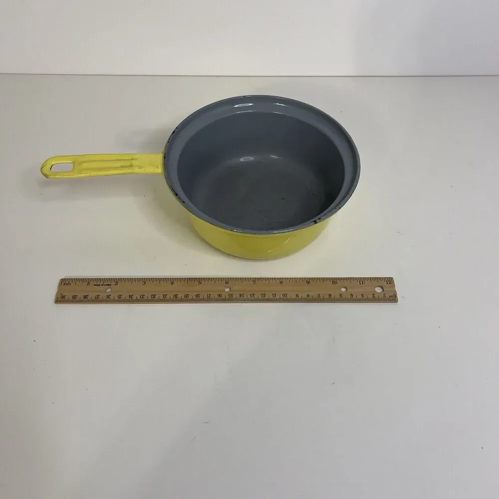 VTG Belgian Descoware Yellow Enamel Cast Iron 2-in-1 Skillet & Saucepan